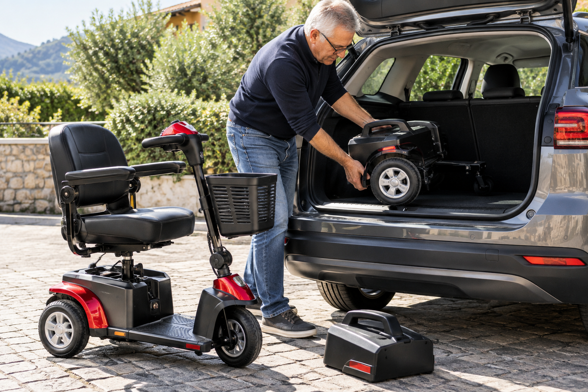 Scooter elettrico per anziani smontabile durante il caricamento nel bagagliaio dell'auto
