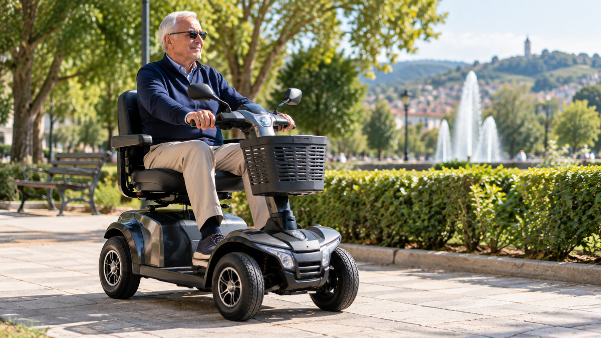 Persona anziana alla guida di uno scooter elettrico a quattro ruote su un percorso pedonale nel parco