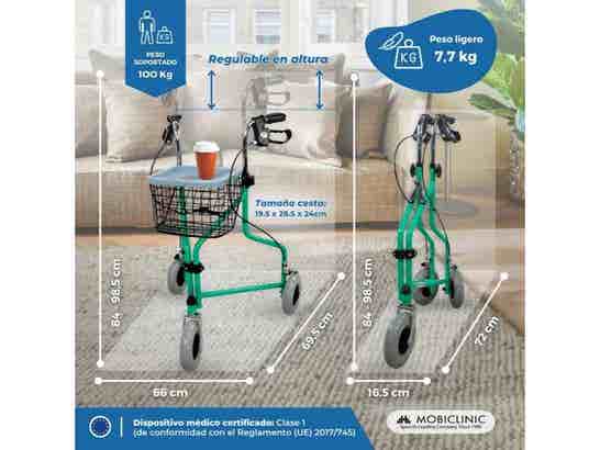 Rollator rollator 3 ruote in acciaio con cestino e copertura verde