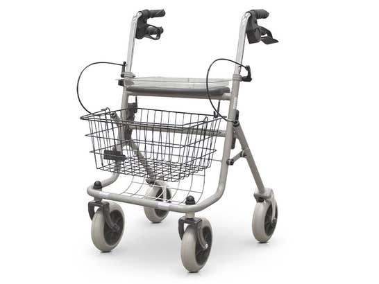 Deambulatore con vassoio ruote e cestello ausilio per disabili