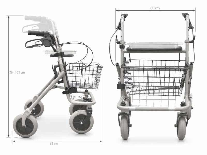 Deambulatore con vassoio ruote e cestello ausilio per disabili