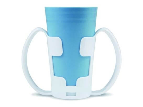 Portabicchieri bianco con doppia maniglia per una facile presa ausilio per disabili