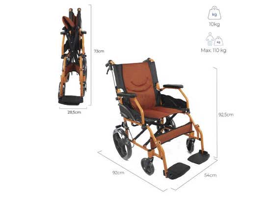 Sedia a rotelle pieghevole in alluminio 41 cm, colore arancione e nero