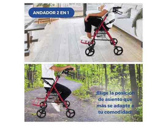 Rollator 2 in 1 Colón Burdeos con freni alle maniglie e sedia ausilio per disabili