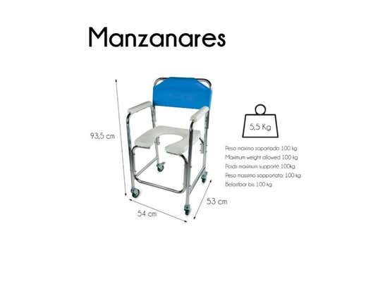 Sedia WC per bagno in alluminio con ruote, colore blu, Mod. Manzanares ausilio per disabili