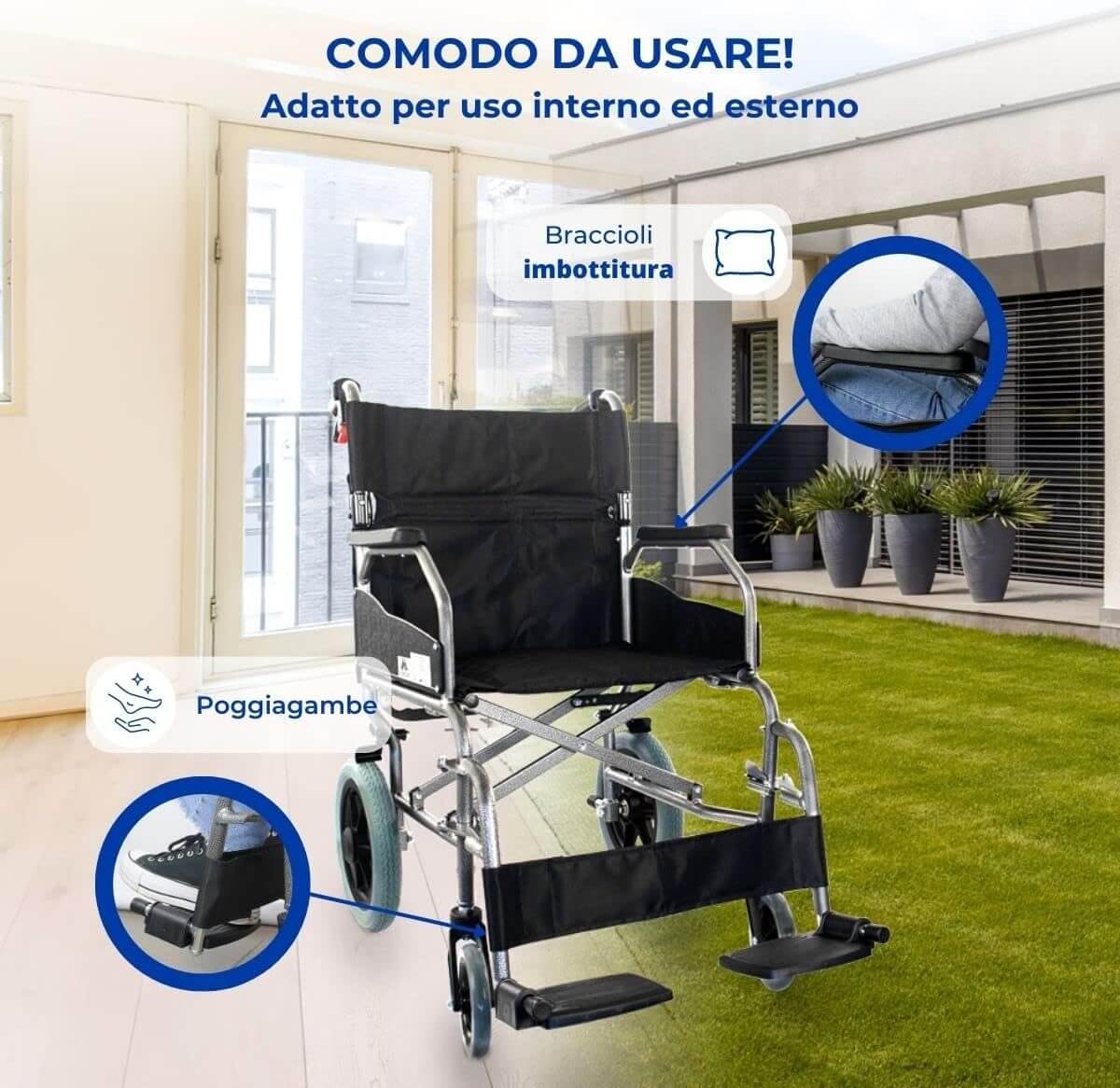 , Sedia a Rotelle, Museo, Sedia Di Transito, Pieghevole, Alluminio, Freno Sulle Maniglie ausilio per disabili