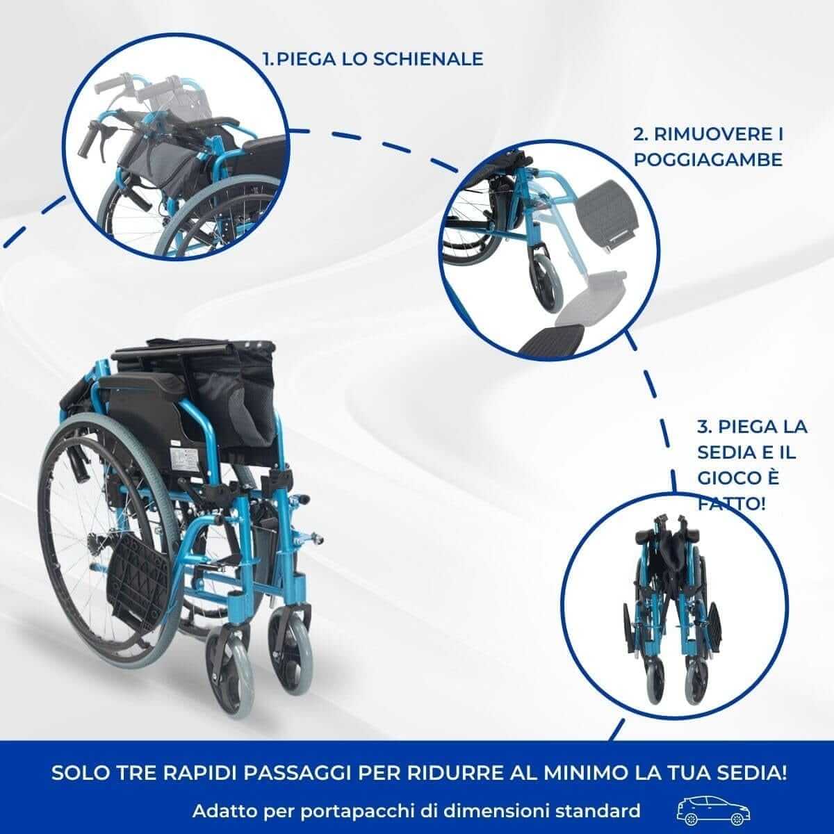 Sedia a Rotelle Pieghevole, Bolonia, Alluminio, Braccioli Pieghevoli, Poggiapiedi Rimovibil ausilio per disabili