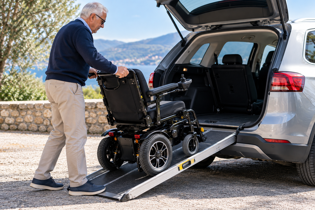 Accompagnatore carica una carrozzina elettrica nel bagagliaio di un'auto tramite rampa