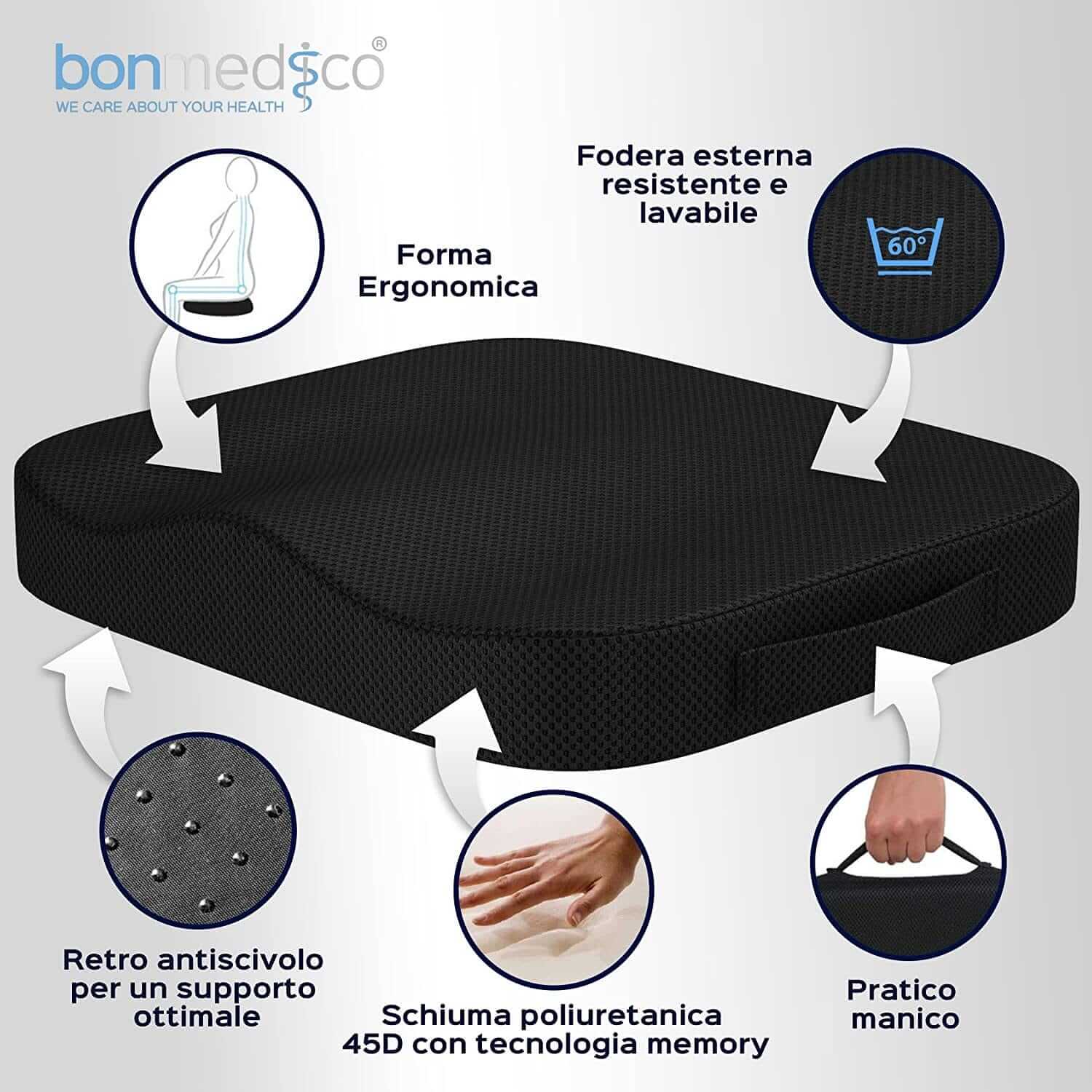 Cuscino Antidecubito - Cuscino Ortopedico Posturale per Casa, Ufficio E Auto - Rialzo per Sedia Ergonomico in Memory Foam - Supporto Lombar ausilio per disabili