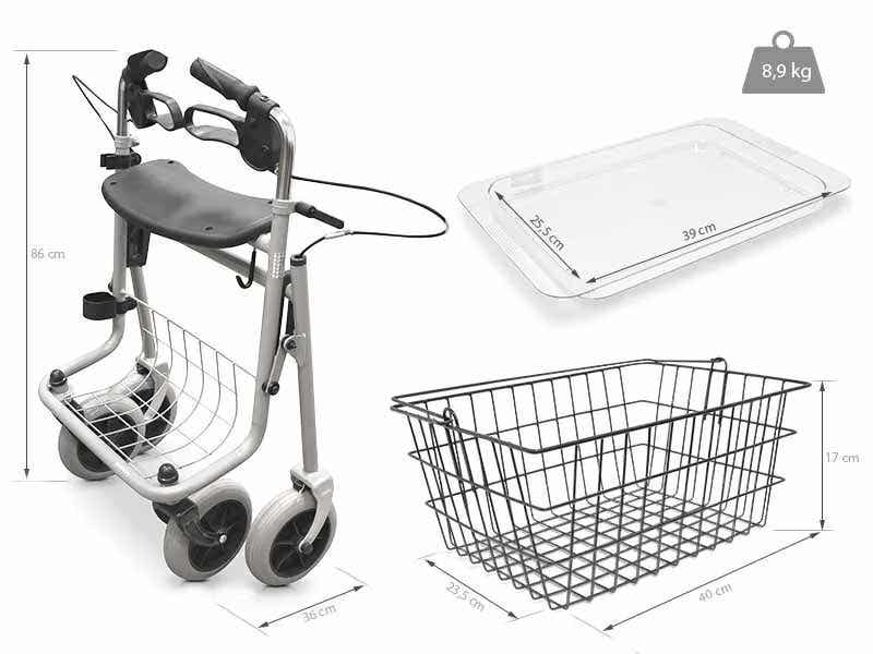Deambulatore con vassoio ruote e cestello ausilio per disabili