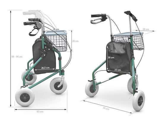 Deambulatore pieghevole con 3 ruote cestello e zaino ausilio per disabili