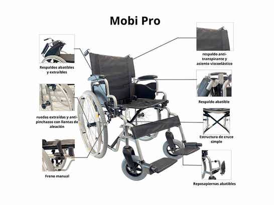 Sedia a rotelle pieghevole in acciaio MOBI PRO con poggiagambe pieghevoli