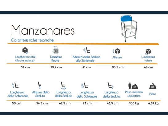 Sedia WC per bagno in alluminio con ruote, colore blu, Mod. Manzanares ausilio per disabili