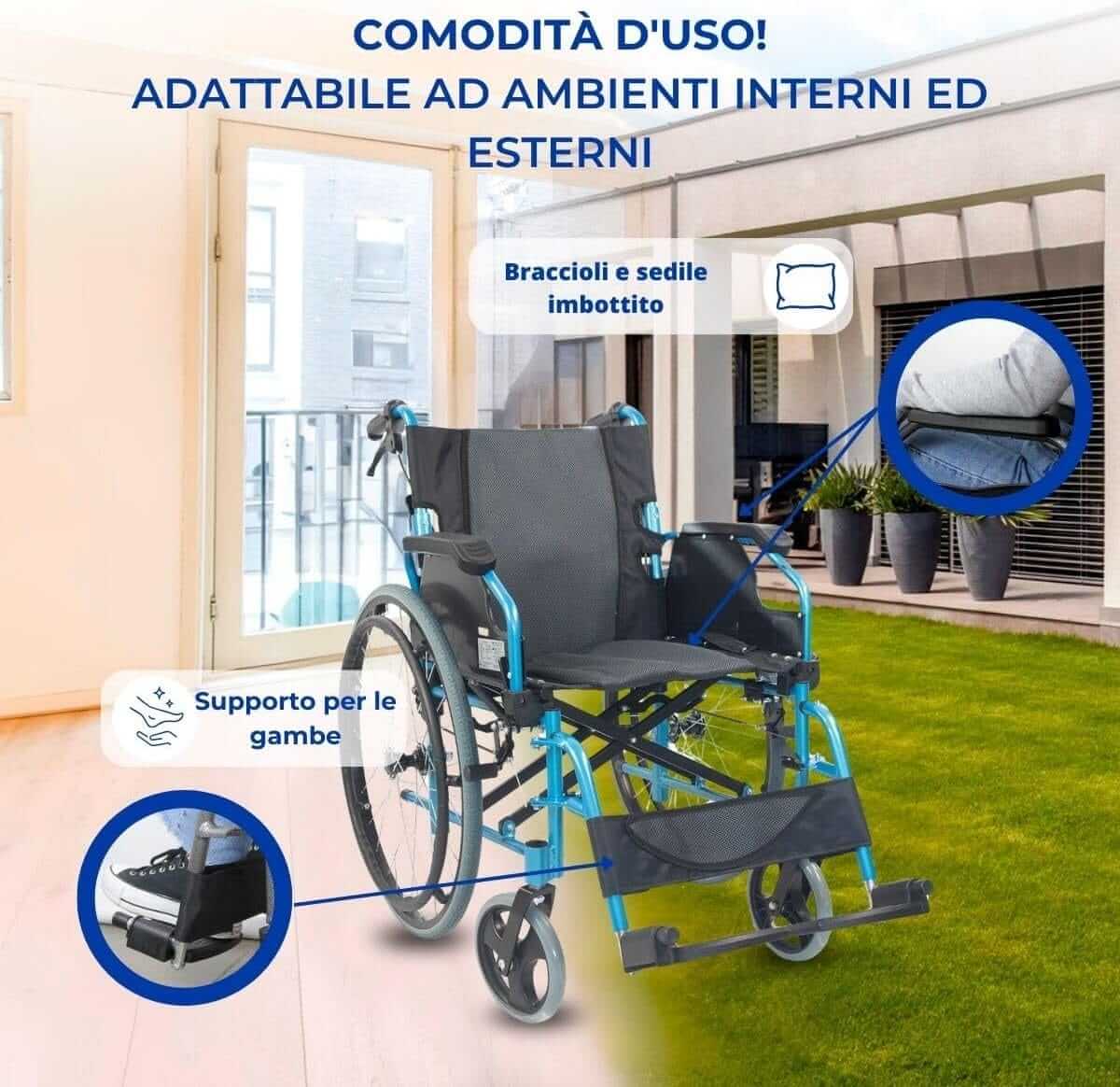 Sedia a Rotelle Pieghevole, Bolonia, Alluminio, Braccioli Pieghevoli, Poggiapiedi Rimovibil ausilio per disabili